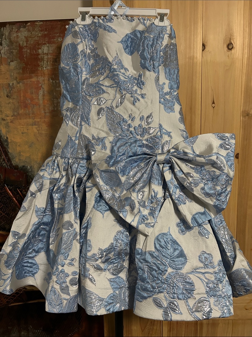 Strapless Blue Floral Jacquard Dress with pearl detail Corset & Zip back